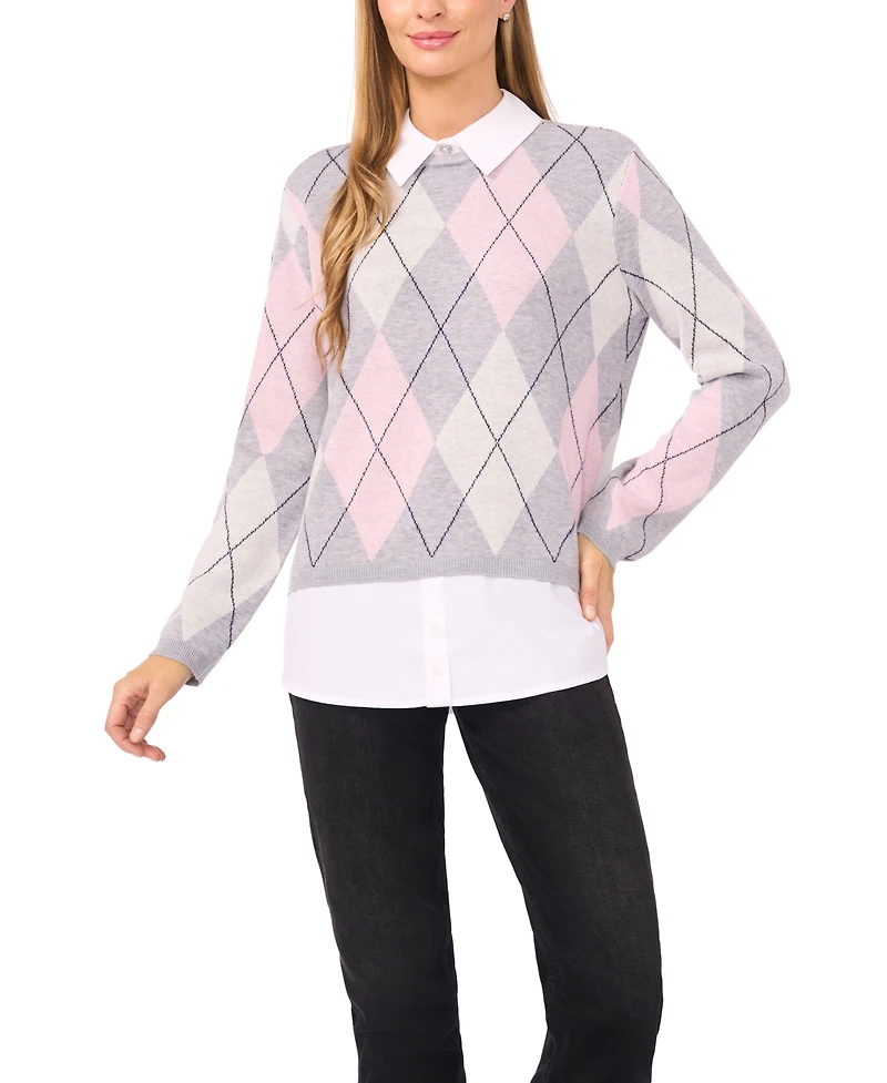 CeCe Women's Argyle Collared Long Sleeve Twofer Sweater