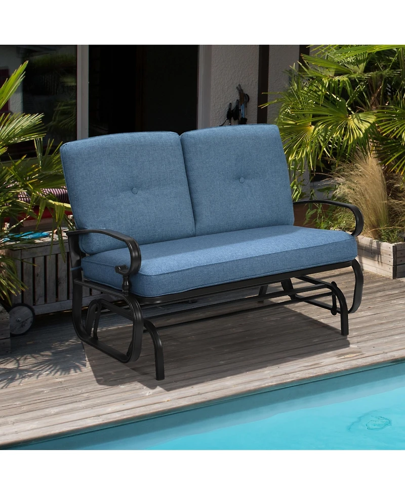 Gymax Patio Swing Glider Chair Rocking Loveseat Bench for 2 Persons with Blue Cushions