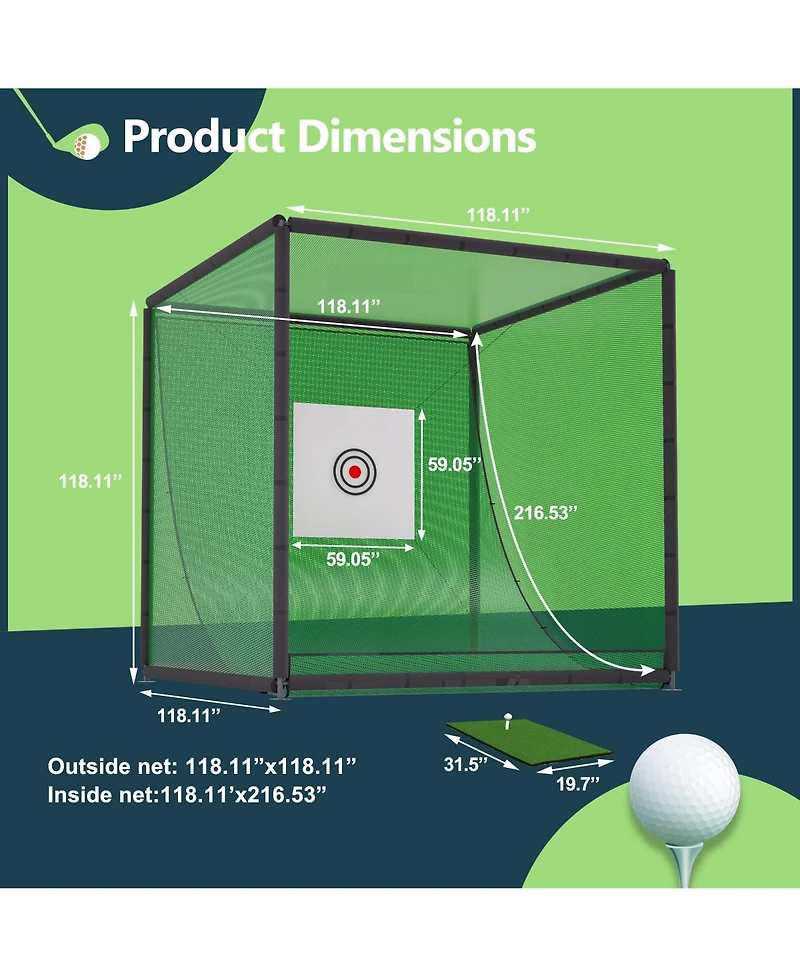 10x10x10FT Golf Practice Net Cage with Metal Frame, Backyard Golf Hitting Net Kit, Durable Batting Cage Netting for Home Golf Training and Simulators