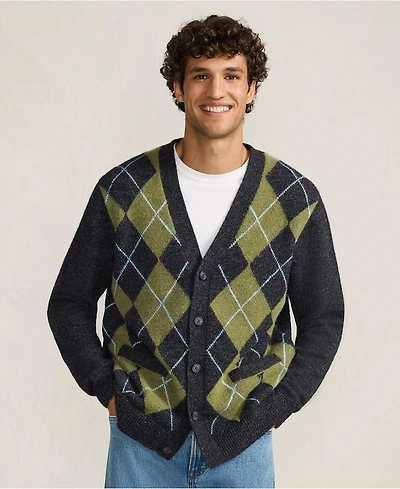 Lands' End Men's Long Sleeve Fuzzy Argyle Cardigan Sweater