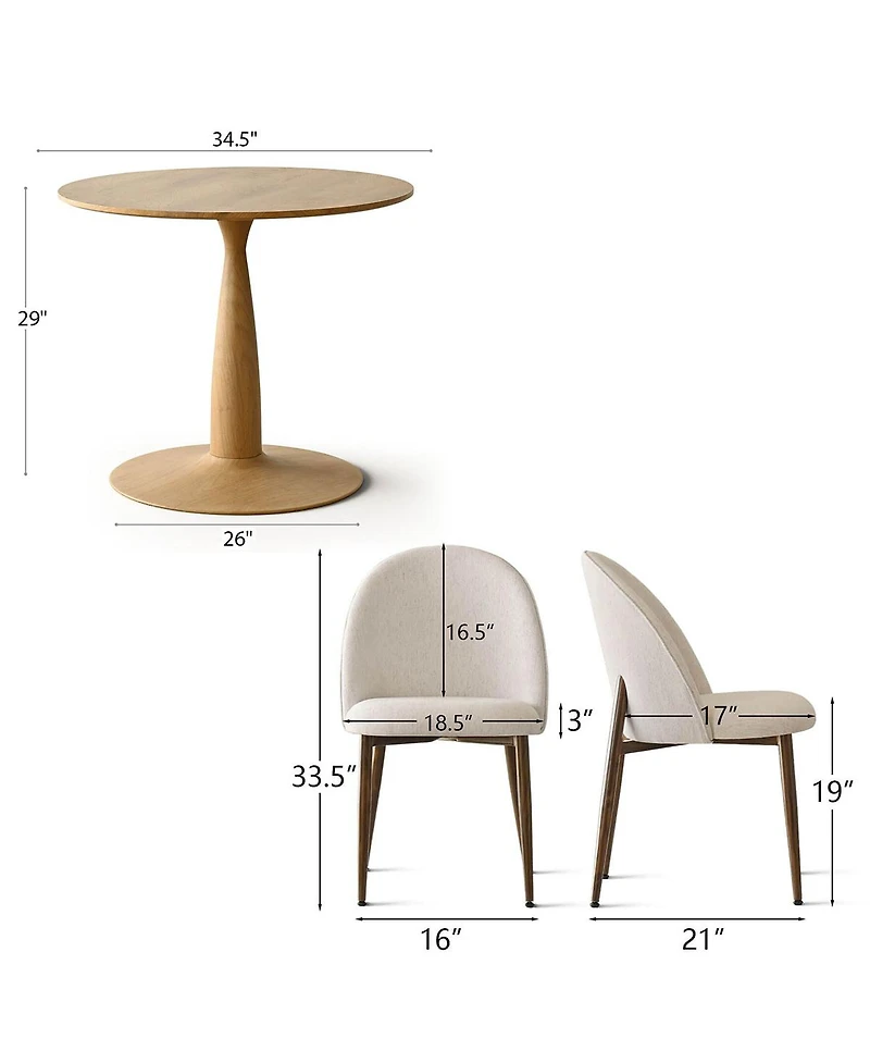 3-Piece Round Dining Set with 34.5 Inch Wood-Look Table and 2 Upholstered Chairs with Walnut Color Metal Legs for Small Spaces-Maison Boucle