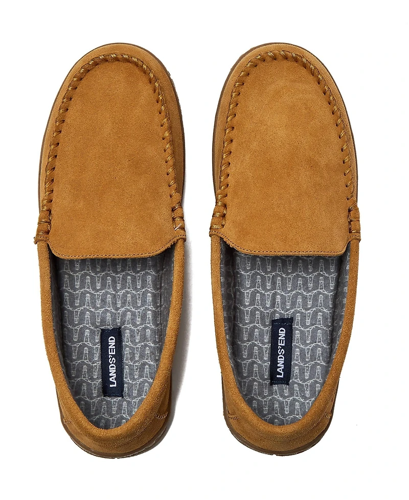Lands' End Men's Flannel Lined Suede Slip On Moccasin Slippers