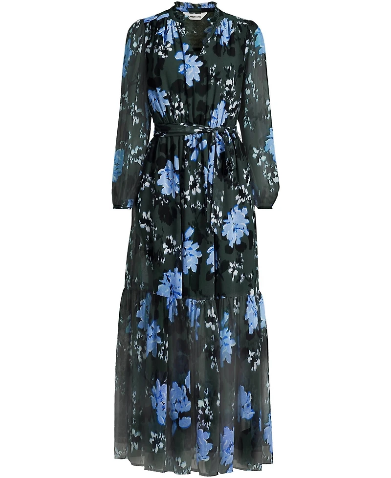 Lands' End Women's Chiffon Tiered Long Sleeve Maxi Dress