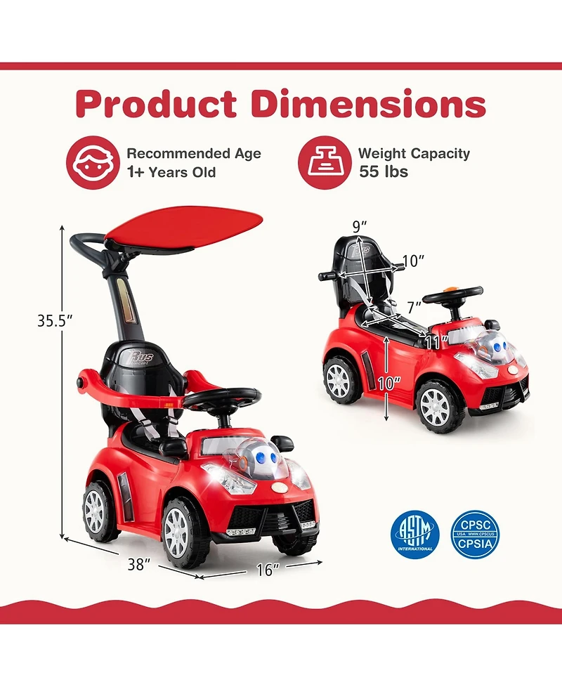 Sugift 3-in-1 Push Car for Toddler Sliding Car with Seat Belt and Canopy