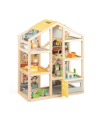 Sugift Wooden Dollhouse for Kids Modern Family Pretend Playhouse with Furniture Pieces and Figures