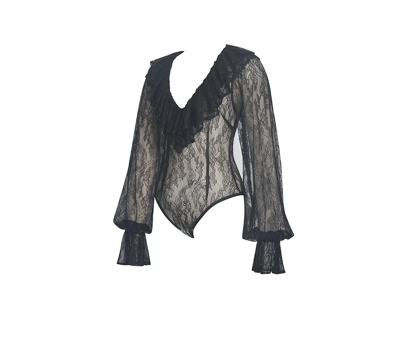 Miss Circle Women's Taliah Black Sheer Lace Ruffled Collar Bodysuit