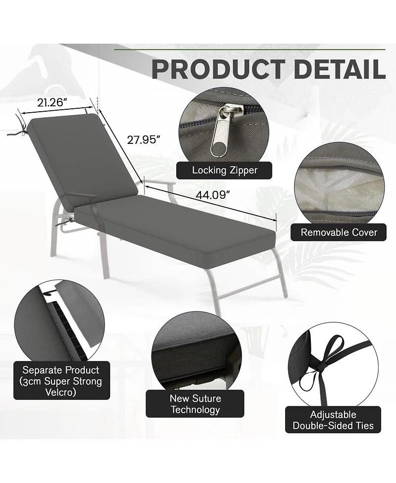 Aecojoy Chaise Lounge Cushions Outdoor Set of 2, 72x21x4 Inch Lounge Chair Cushion, Fade Resistant Patio Sun Lounger Replacement