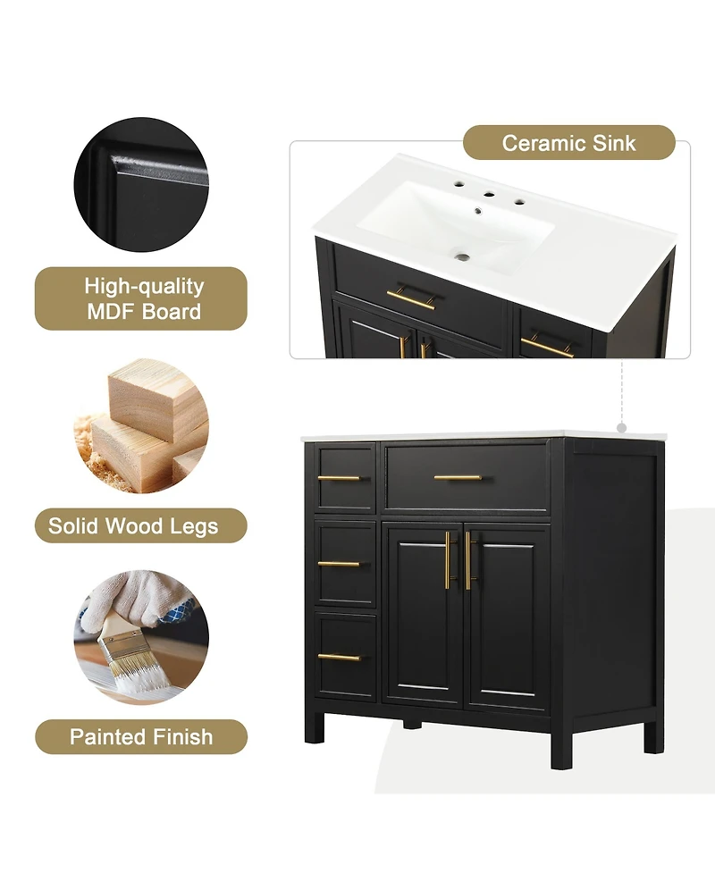 Casainc 36" Bathroom Vanity with Sink Top, Cabinet Two Doors and Three Drawers, Solid Wood Mdf Boards, One Package