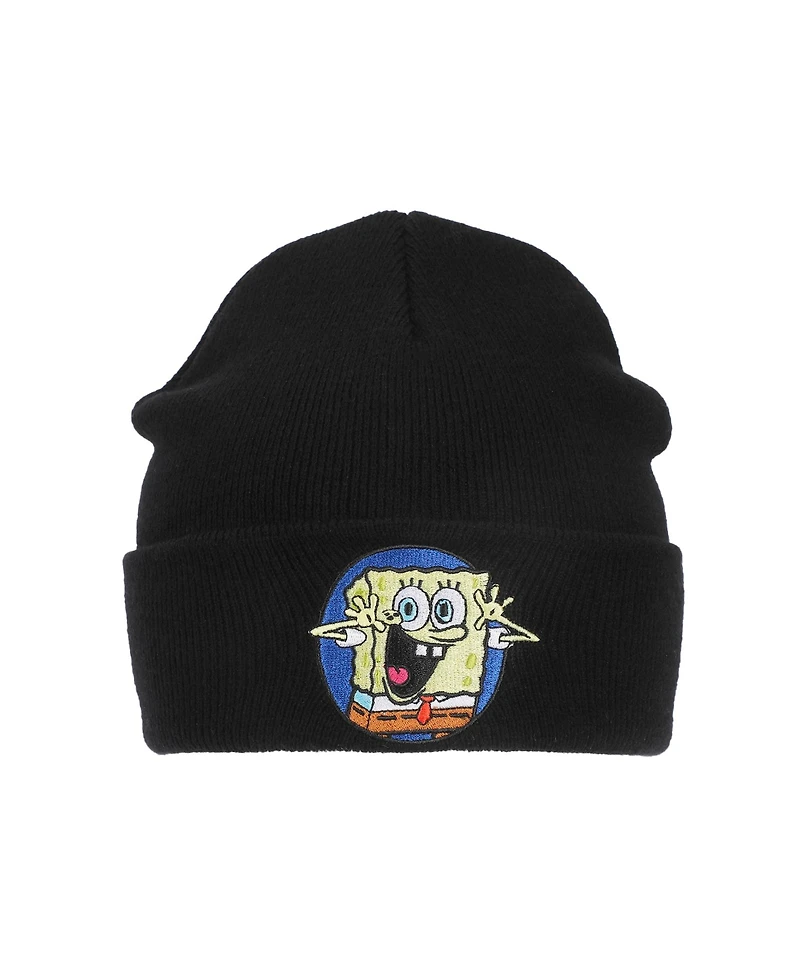 Spongebob Squarepants Men's Spongebob Square Pants Embroidered Circle Character Patch On Black Cuff Beanie