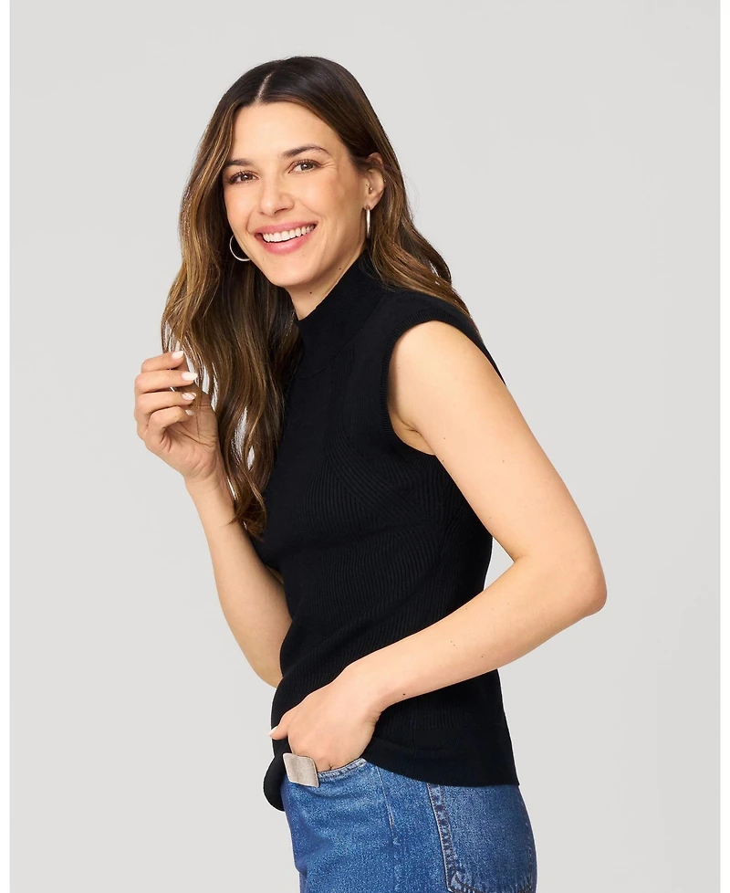 Cable & Gauge Women's Ribbed Mockneck Cap Sleeve Sweater