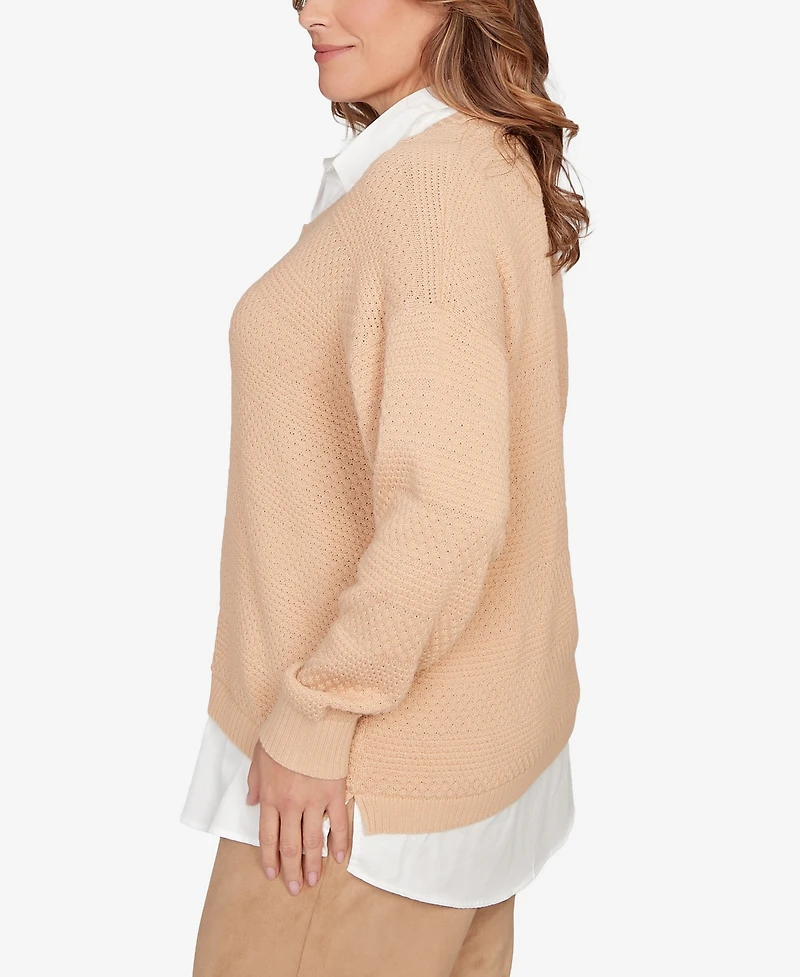 Hearts Of Palm Plus Solid Textured Stripe Two Fer Sweater