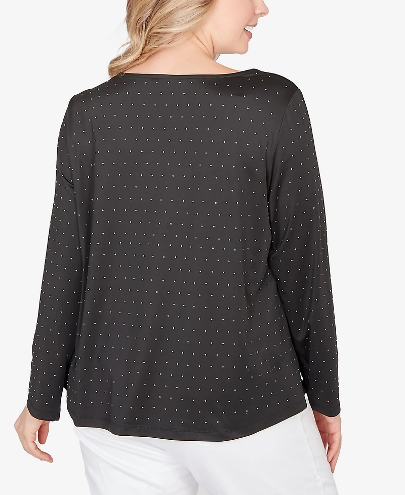 Hearts Of Palm Plus Long Sleeve Asymmetrical Neck Top with Rhinestones