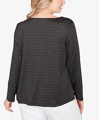 Hearts Of Palm Plus Long Sleeve Asymmetrical Neck Top with Rhinestones