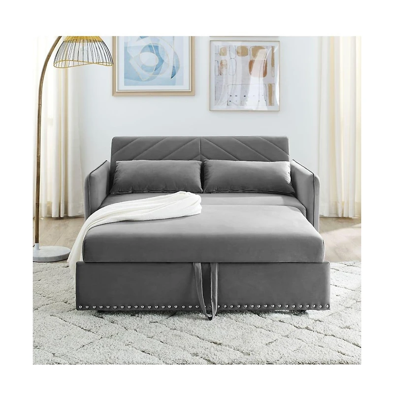 55'' Pull-Out Sleeper Sofa Bed with Usb Ports, Adjustable Backrest, Velvet 2-Seater Couch Side Pockets & Pillows-Maison Boucle