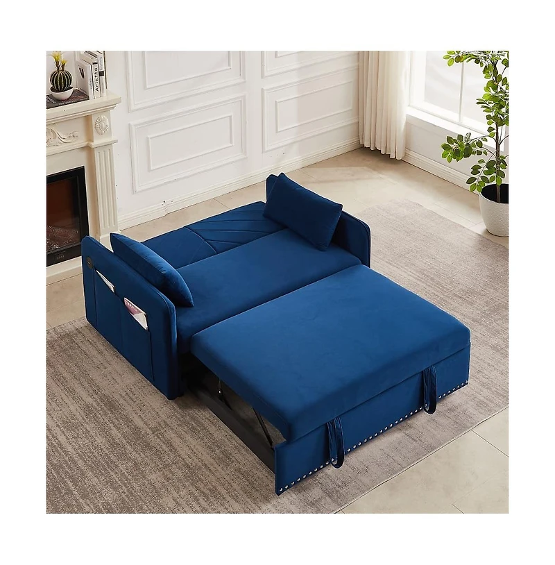 55'' Pull-Out Sleeper Sofa Bed with Usb Ports, Adjustable Backrest, Velvet 2-Seater Couch Side Pockets & Pillows-Maison Boucle