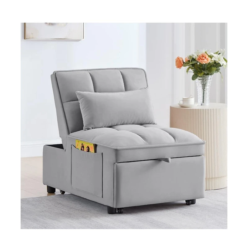 Maison Boucle 4-in-1 Single Velvet Pull-Out Sleeper Chair Bed with Adjustable Backrest, Side Pocket & Pillow for Small Spaces-Maison