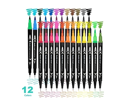 Htutwoo 12 Colors Dual Brush Markers Pens,Fine Point and Brush Tip Markers for Adult Coloring Books No Bleeding,School Classroom Art Supplies