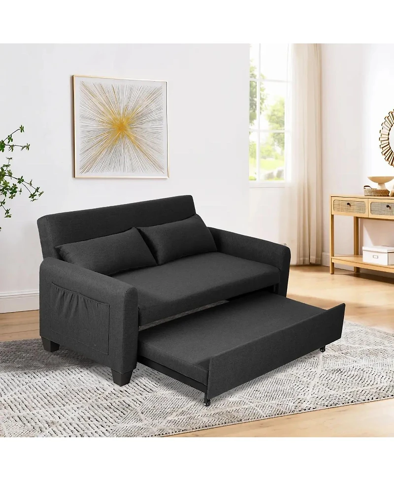 Maison Boucle 61-Inch Pull-Out Linen Sofa Bed with Extra-Wide Convertible Sleeper Loveseat, Storage Pocket & Wheels for Apartments and Guest Rooms