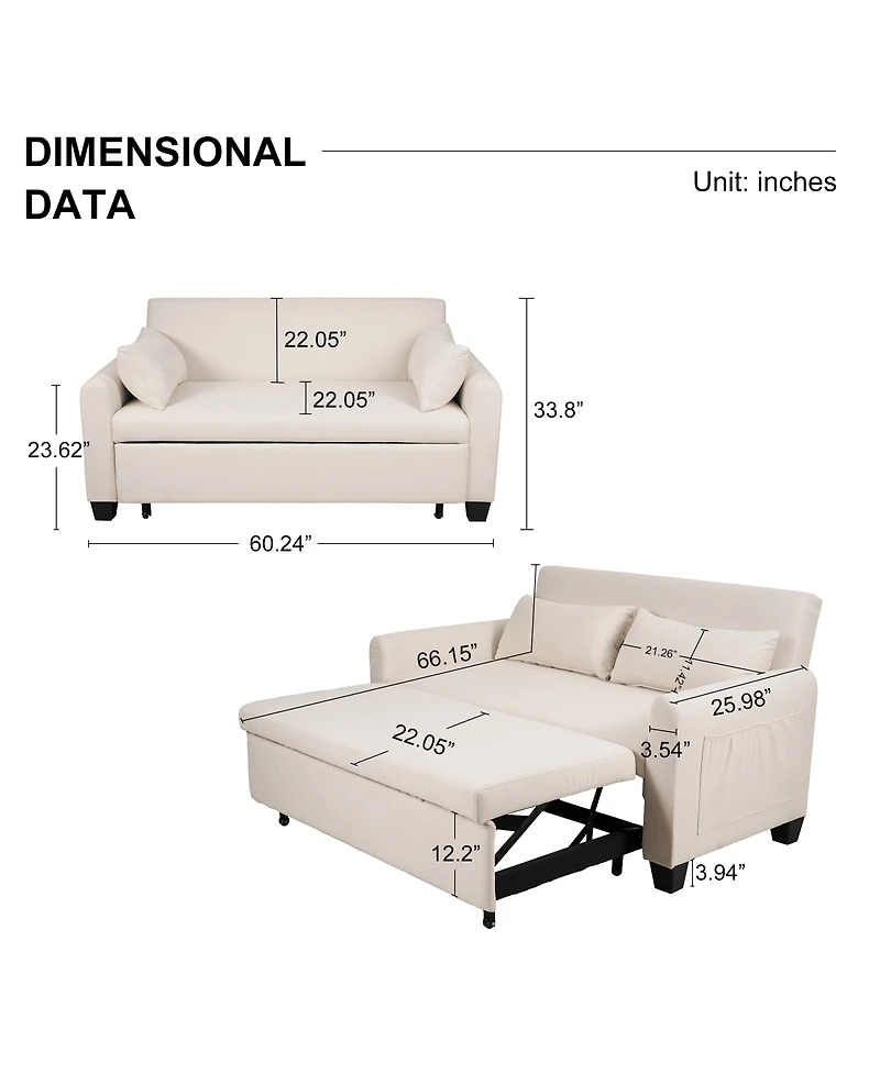 Maison Boucle 61" Pull-Out Linen Sofa Bed, Extra-Wide Convertible Sleeper Loveseat with Storage Pocket & Wheels for Apartments Guest Rooms-Maison Bo