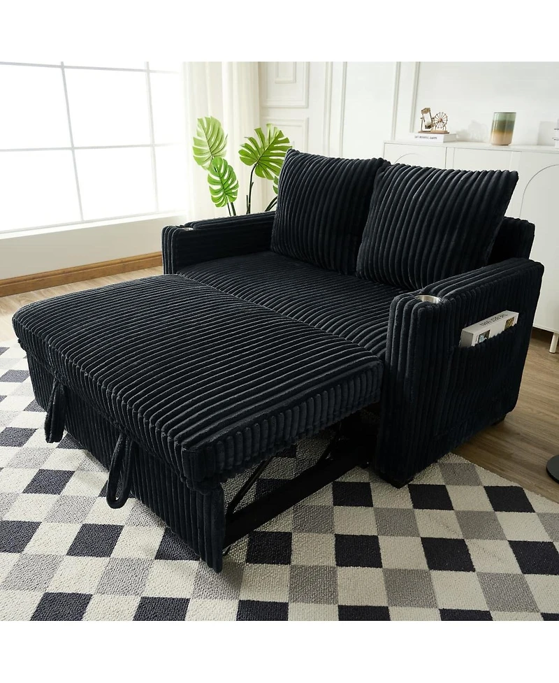 Maison Boucle Modern Corduroy Sofa Bed with Adjustable Backrest, Usb Charging, Pull-Out Sleeper, Cup Holders & Storage-Maison