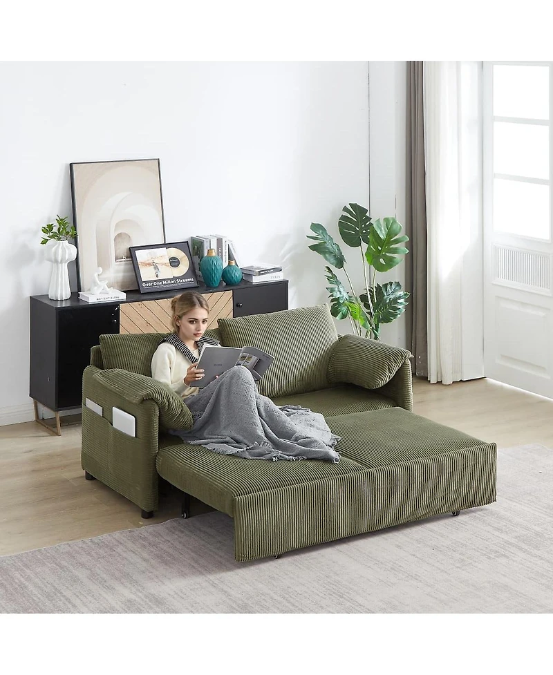 Maison Boucle 64.5 Inch 3-in-1 Corduroy Pull-Out Sleeper Sofa, Adjustable Loveseat Bed with Storage Pockets & 2 Pillows-Maison Boucle