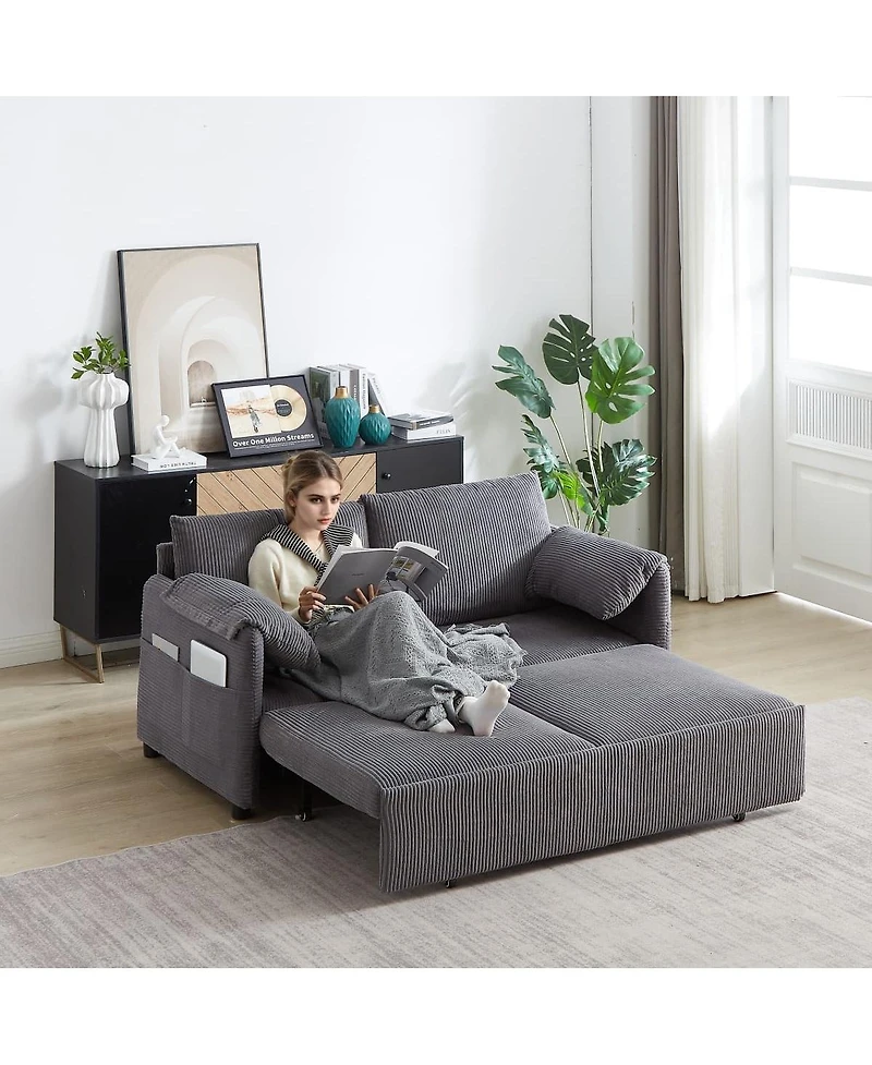 Maison Boucle 64.5 Inch 3-in-1 Corduroy Pull-Out Sleeper Sofa, Adjustable Loveseat Bed with Storage Pockets & 2 Pillows-Maison