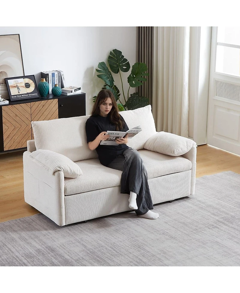 Maison Boucle 64.5 Inch 3-in-1 Corduroy Pull-Out Sleeper Sofa, Adjustable Loveseat Bed with Storage Pockets & 2 Pillows-Maison