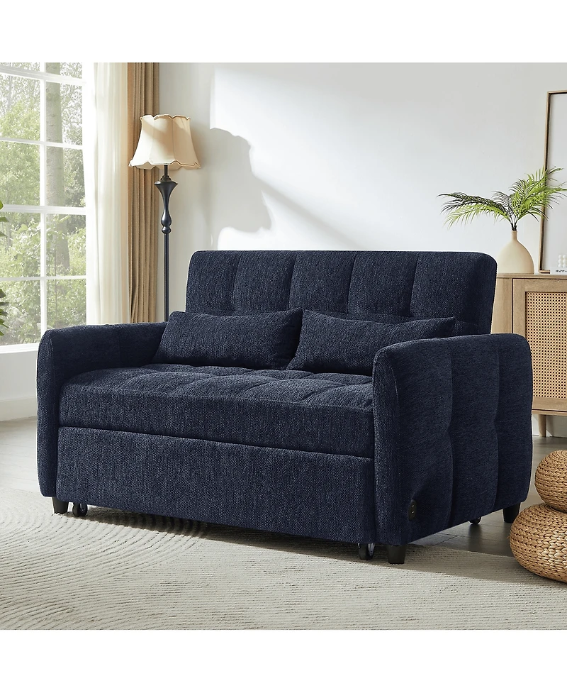 Maison Boucle Pull-Out Sleeper Sofa Bed, 52.8'' Tufted Loveseat with Adjustable Backrest, 3 Usb Ports & 2 Pillows for Apartment or Guest Room-Maison B