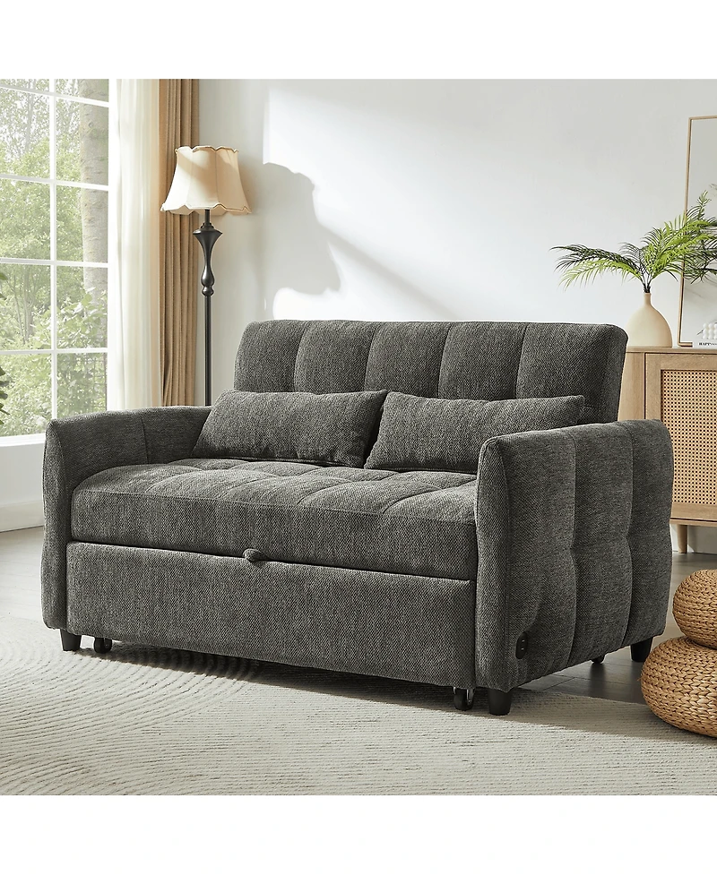 Maison Boucle Pull-Out Sleeper Sofa Bed, 52.8'' Tufted Loveseat with Adjustable Backrest, 3 Usb Ports & 2 Pillows for Apartment or Guest Room-Maison B