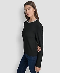 Dkny Jeans Petite Embellished Trim Sweater Top