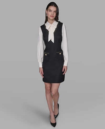 Karl Lagerfeld Paris Women's Textured Tweed Two-Tone Collar Dress