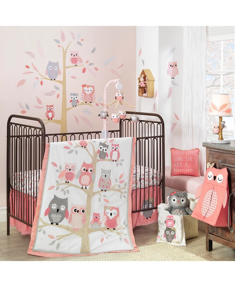 Lambs & Ivy Family Tree Pink/Gray/Tan Owl Musical Baby Crib Mobile