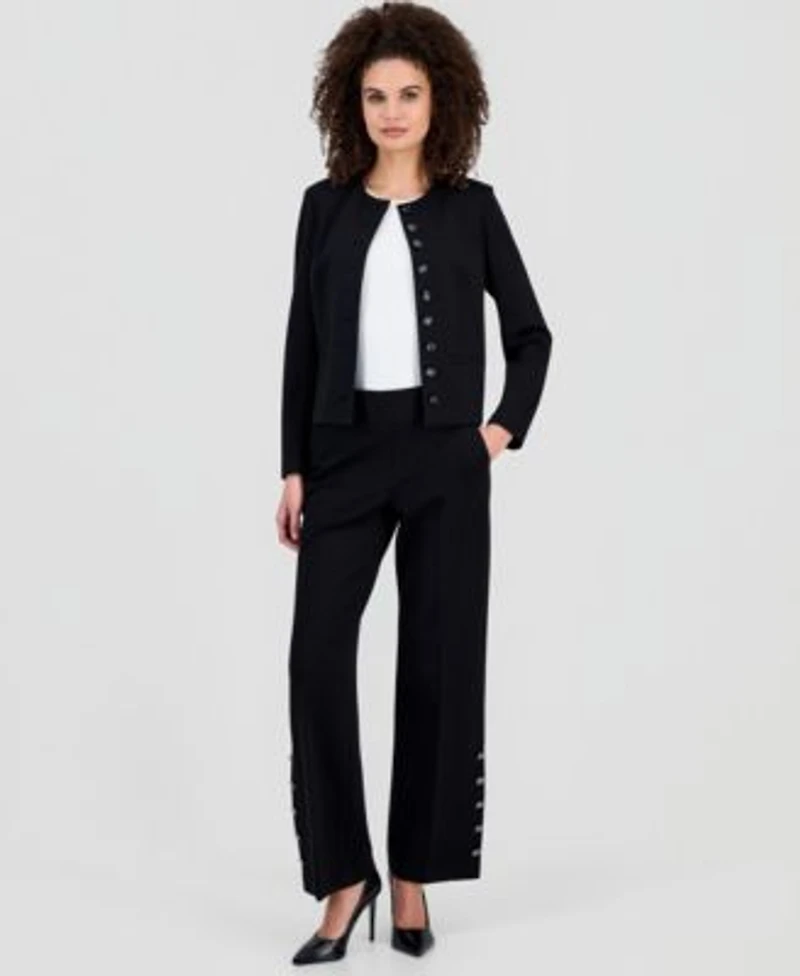 Anne Klein Womens Crewneck Button Front Blazer Wide Leg Pants