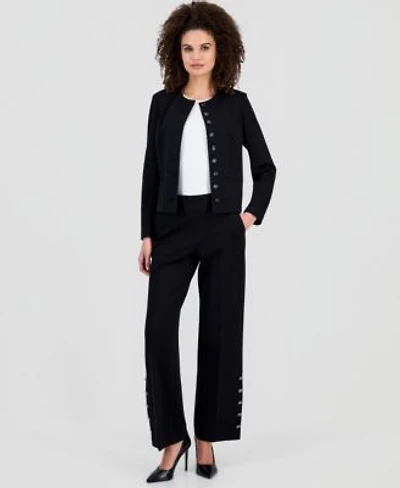 Anne Klein Womens Crewneck Button Front Blazer Wide Leg Pants