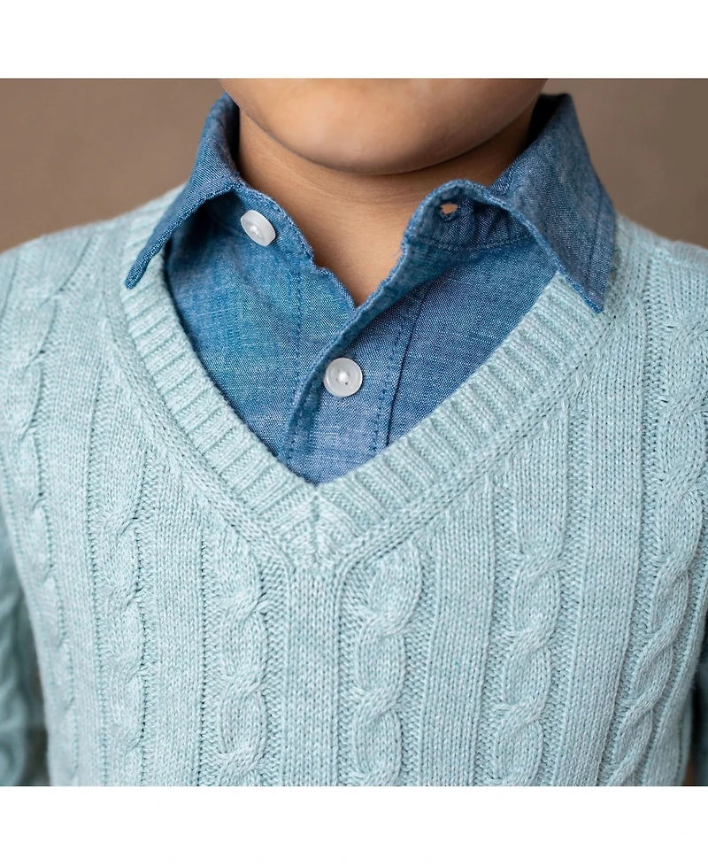 Hope & Henry Baby Boys Long Sleeve Fine Gauge Cable V-Neck Sweater