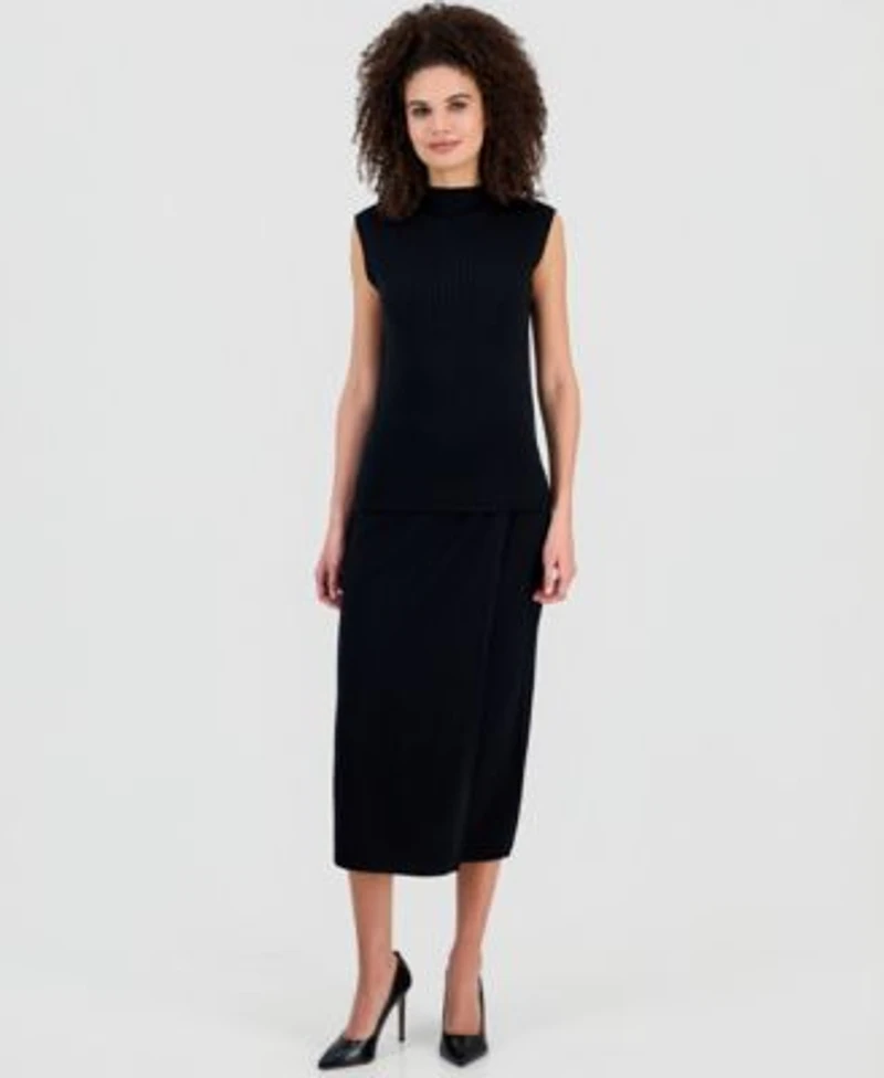 Anne Klein Womens Ribbed Knit Sleeveless Sweater Ribbed Knit Faux Wrap Midi Skirt