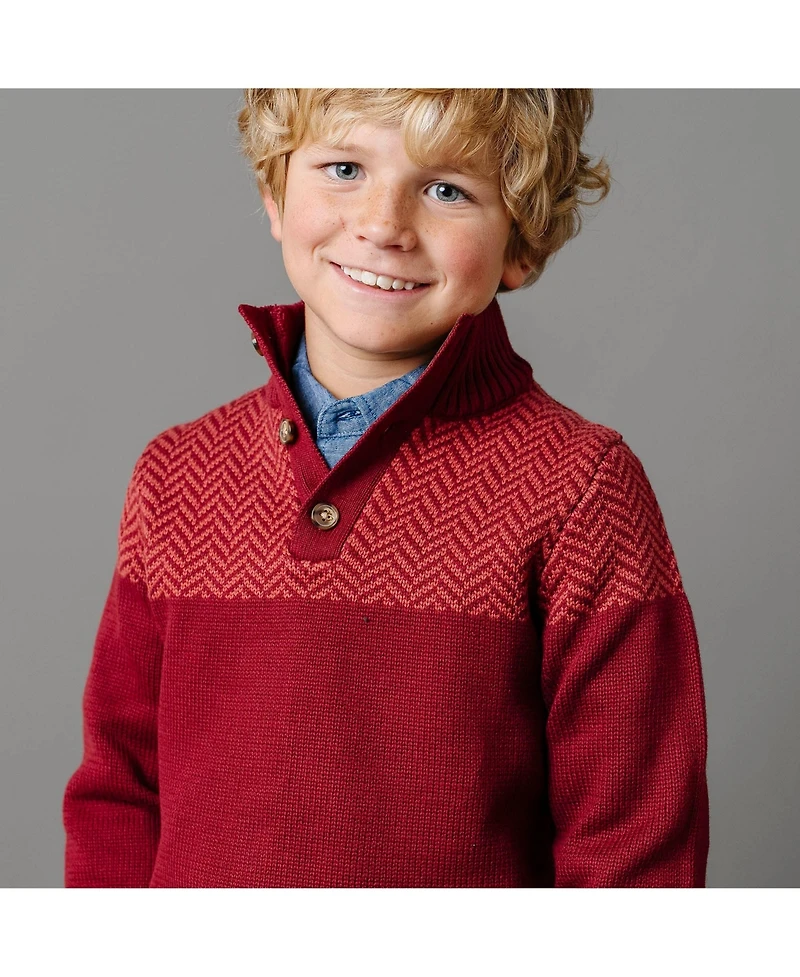 Hope & Henry Baby Boys Long Sleeve Mock Neck Button Sweater with Intarsia Yoke