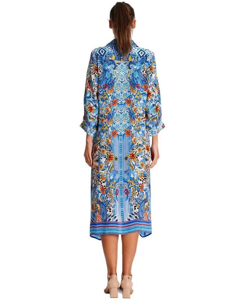 La Moda Clothing Women's Midi Summer Dress with Collared Neck, Short Sleeves