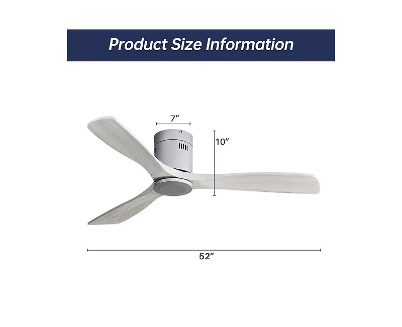 52-inch Modern Sliver 3 Solid Wood Blade Ceiling Fan with 6-speed Remote Control and Forward Reverse Rotation Function for Indoor