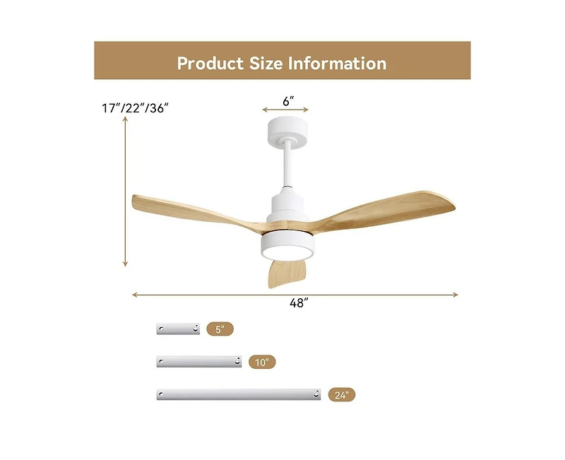 48-inch Modern White Downrod Indoor Walnut Wood 3-Blade Led Ceiling Fan Light with Remote Control Support Six Speed Ajustable