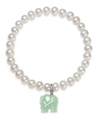 Macy's Freshwater Pearl (6-7mm) and Dyed Jadeite Elephant Charm Stretch Bracelet