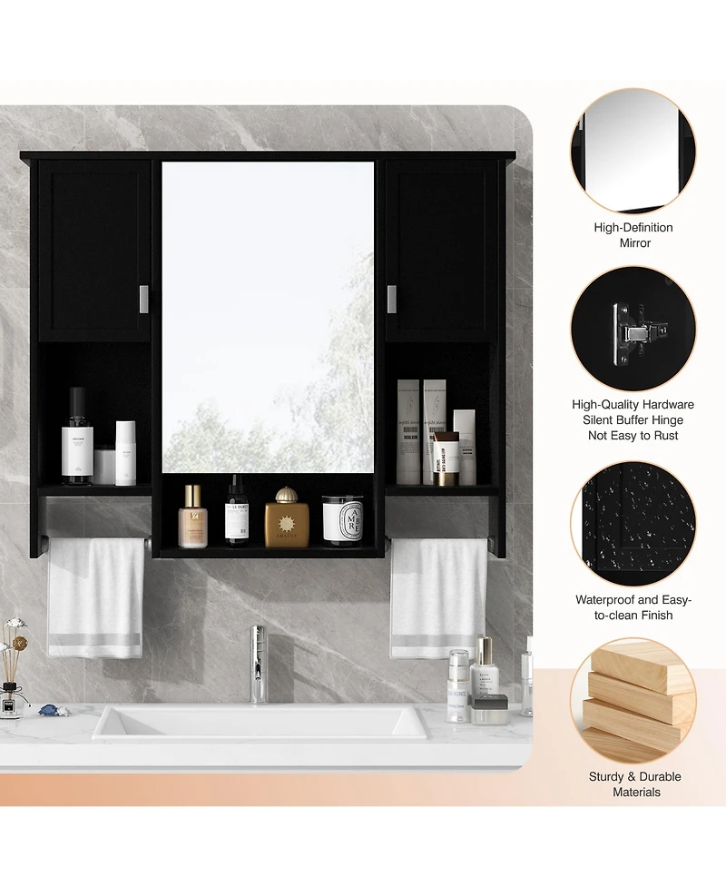 Casainc 35'' x 28'' Wall Mounted Bathroom Storage Cabinet with Mirror & Towel Bar