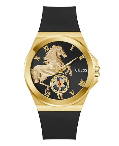 Guess Men's Gold-Tone Black Silicone Analog Watch, 44mm