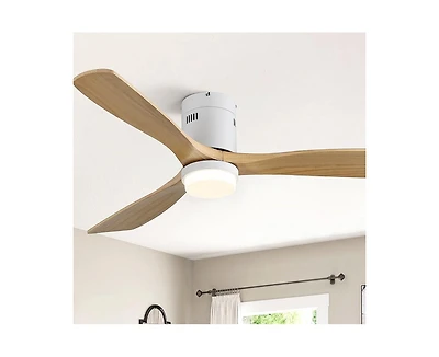 52-inch Modern White 3 Solid Wood Blades Flush Mount Tri color Adjustable Ceiling Fan Light with Remote Control and Forward Reverse Rotation Function