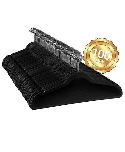 100 Piece Set of Velvet Slim Profile Heavy Duty Felt Hangers with Stainless Steel Swivel Hooks in Black
