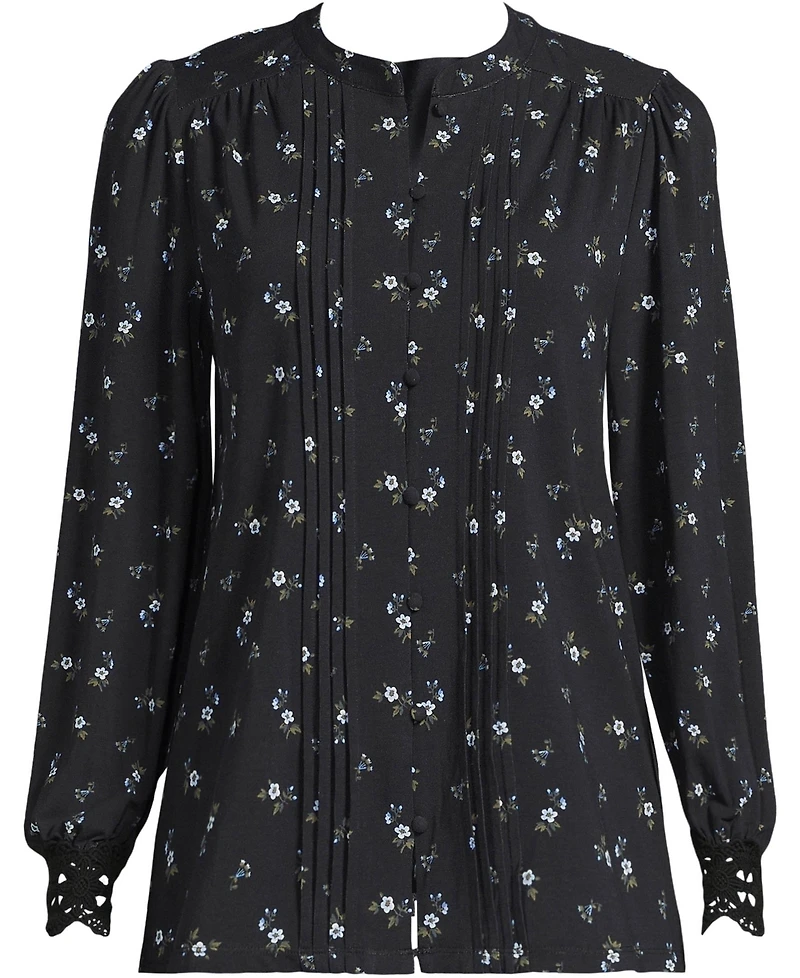 Lands' End Plus Lightweight Jersey Long Sleeve Button Front Pintuck Top