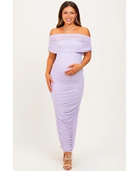 Pinkblush Maternity Light Pink Ruched Mesh Foldover Off Shoulder Maxi Dress