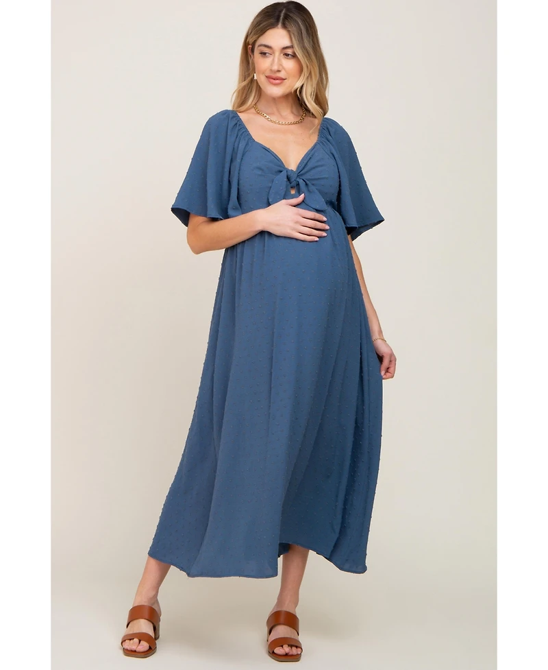 Pinkblush Maternity Navy Blue Textured Dot Front Tie Ruffle Sleeve Midi Dress