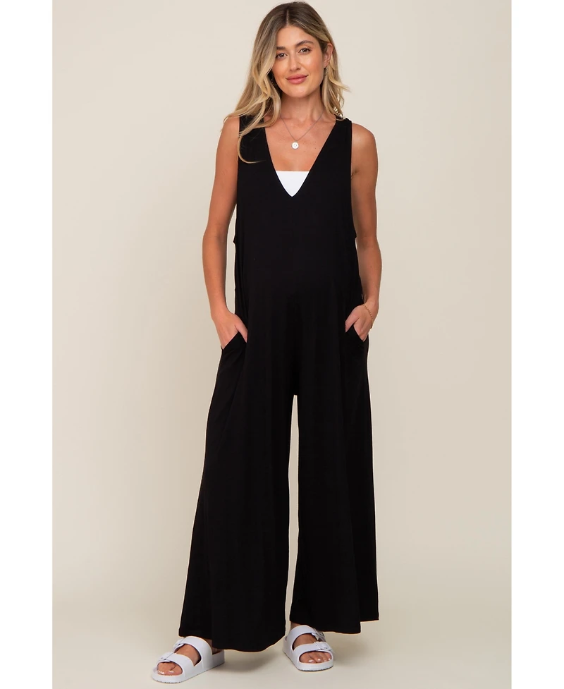 Pinkblush Maternity Black Deep V Sleeveless Wide Leg Jumpsuit
