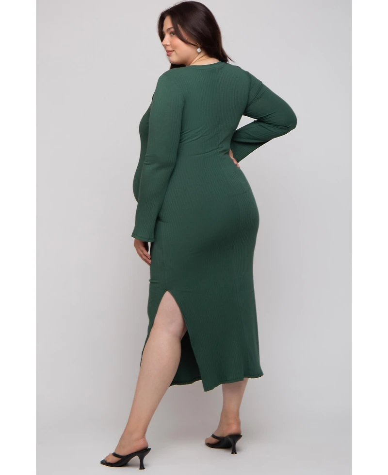 Pinkblush Plus Forest Green Ribbed Side Slit Maxi Dress
